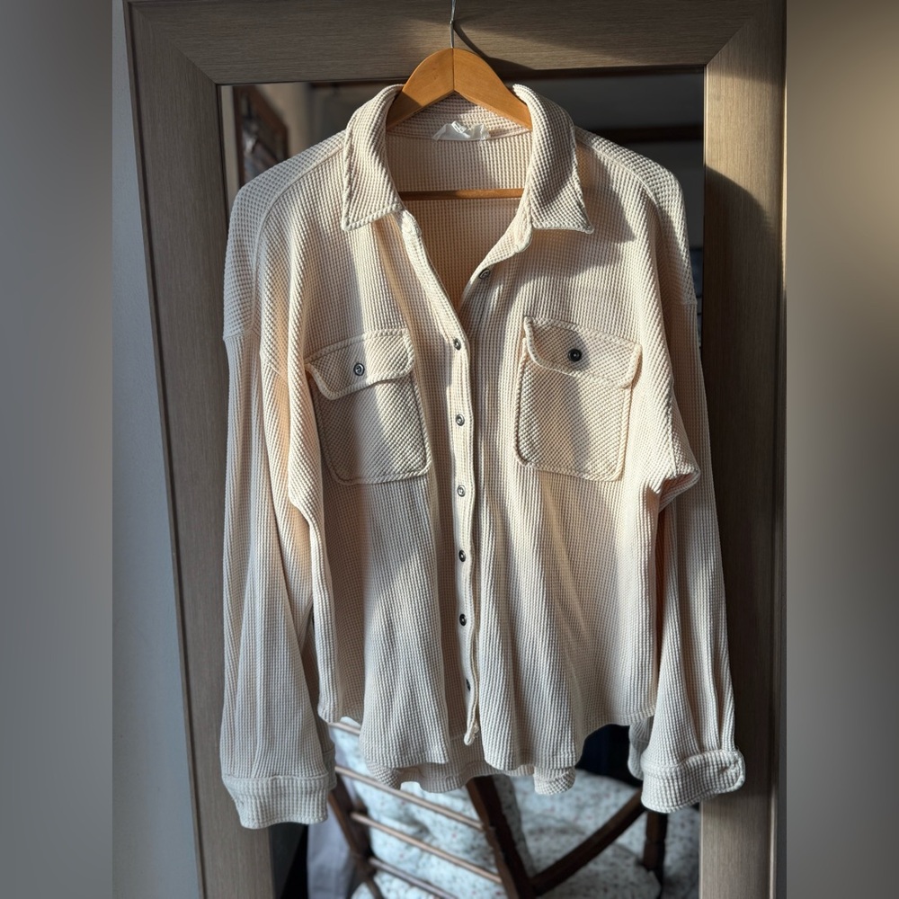 Waffle Knit Neutral Button Up Medium - image 3